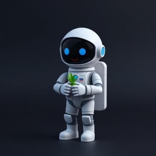 Robô astronauta segurando uma plantinha