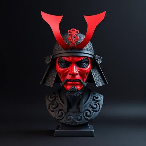 Busto samurai com máscara oni vermelha